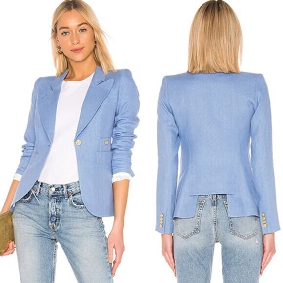 NWT Smythe Duchess Linen Lined Long-Sleeve Curvy Blazer Perwinkle Blue Size: 12 - Picture 7 of 7